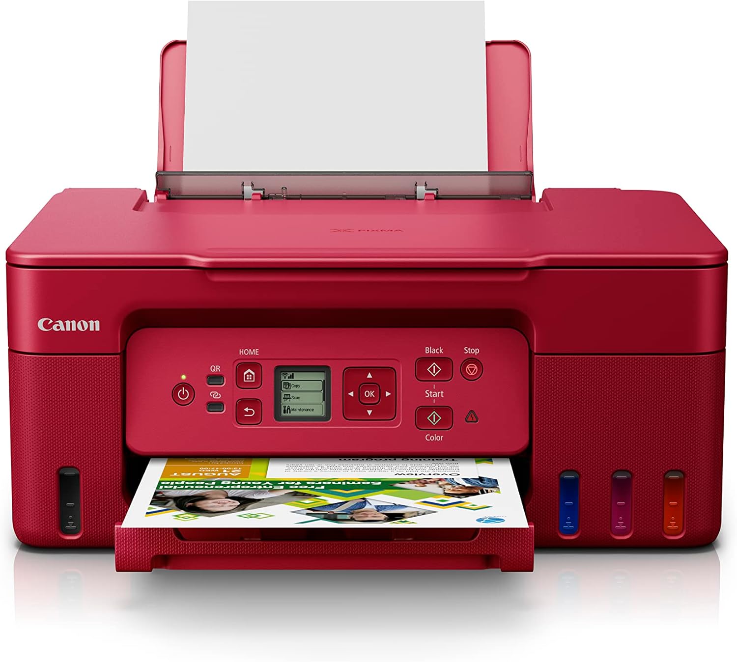 Canon PIXMA G3770 - A4 Wi-Fi Refillable Ink Tank Printer. Print, Scan and Copy. USB 2.0. Wi-Fi & Wi-Fi Direct, Apple Airprint™ and Mopria™ Print Service. Red color