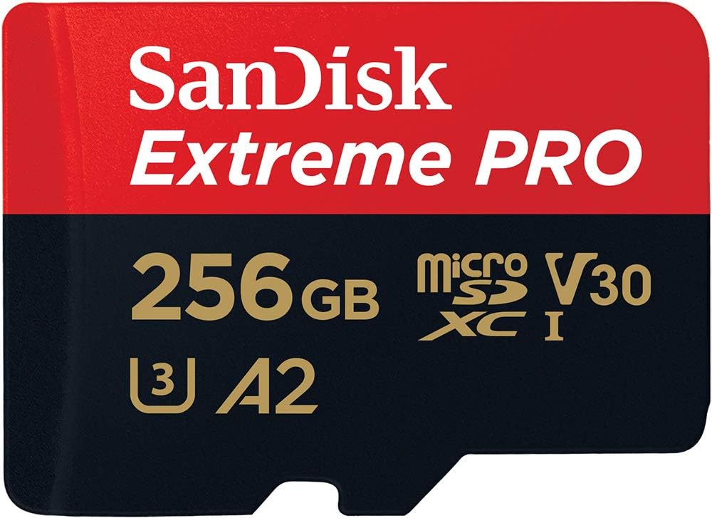 SanDisk Extreme Pro microSDXC UHS-I Memory Card with SD Adaptor, 256GB, V30, U3, C10, A2, 200MB/s R, 140MB/s W, Multicolor (SDSQXCD-256G-GN6MA)