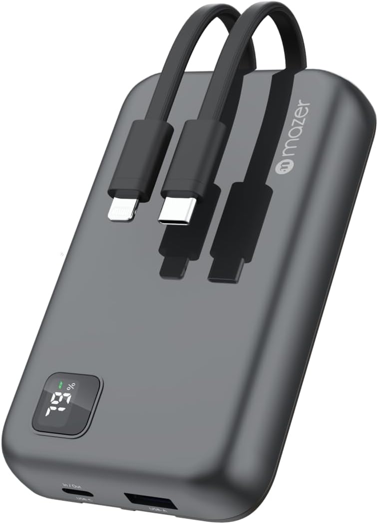 Mazer PowerCharge Link 10,000mAh Portable Power Bank with Built-in Lightning & USB-C Cables (Grey)