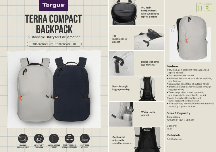 Targus TBB66002GL-70 16” Terra Compact Backpack - Blue