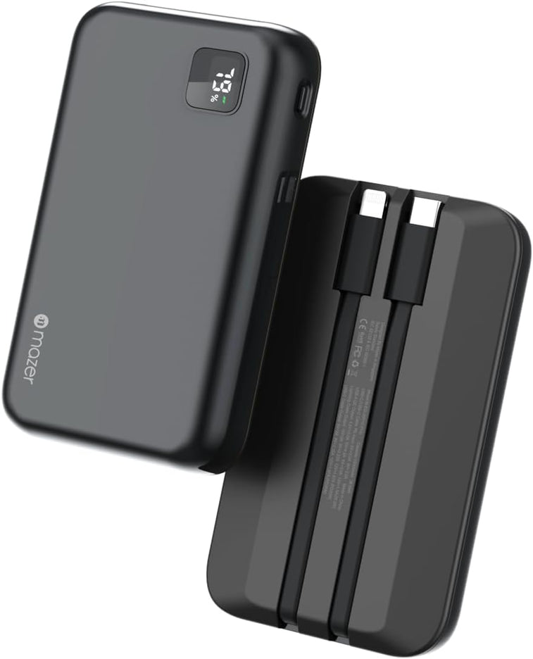 Mazer PowerCharge Link 10,000mAh Portable Power Bank with Built-in Lightning & USB-C Cables (Grey)