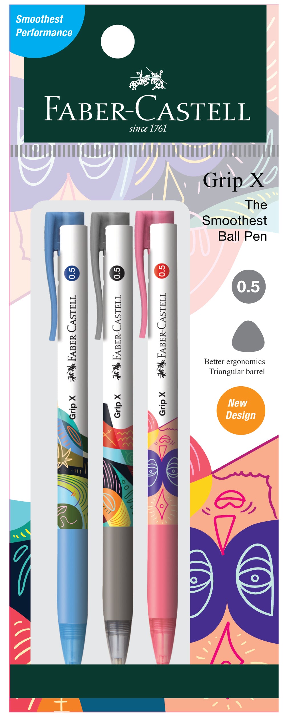 Faber-Castell Grip X5 Ball Point Pen 0.5mm, Black + Blue + Red in Poly Bag-547310
