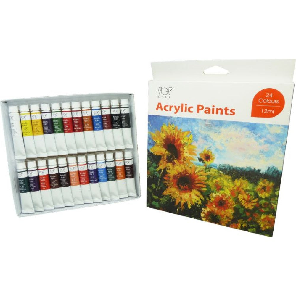 POP Artz Acrylic Paint 12ml 24 Colours Set
