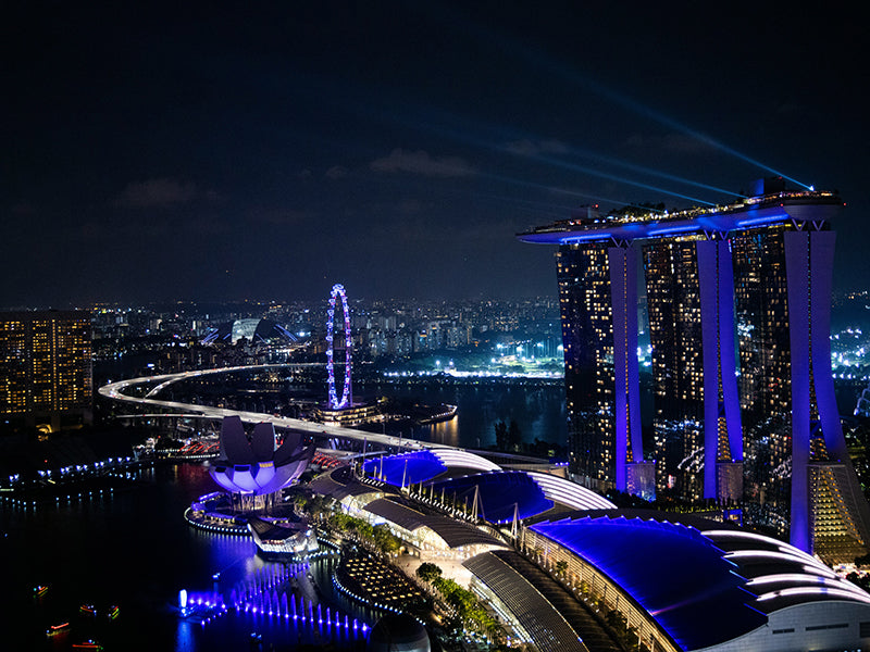 Aerial view of the nightscape at Marina Bay, Singapore.