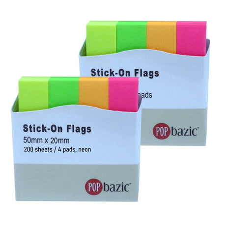 POP BAZIC Sticky-On Flags Index, 50mm x 20mm (50's x 4 Colours) [Twin Pack]