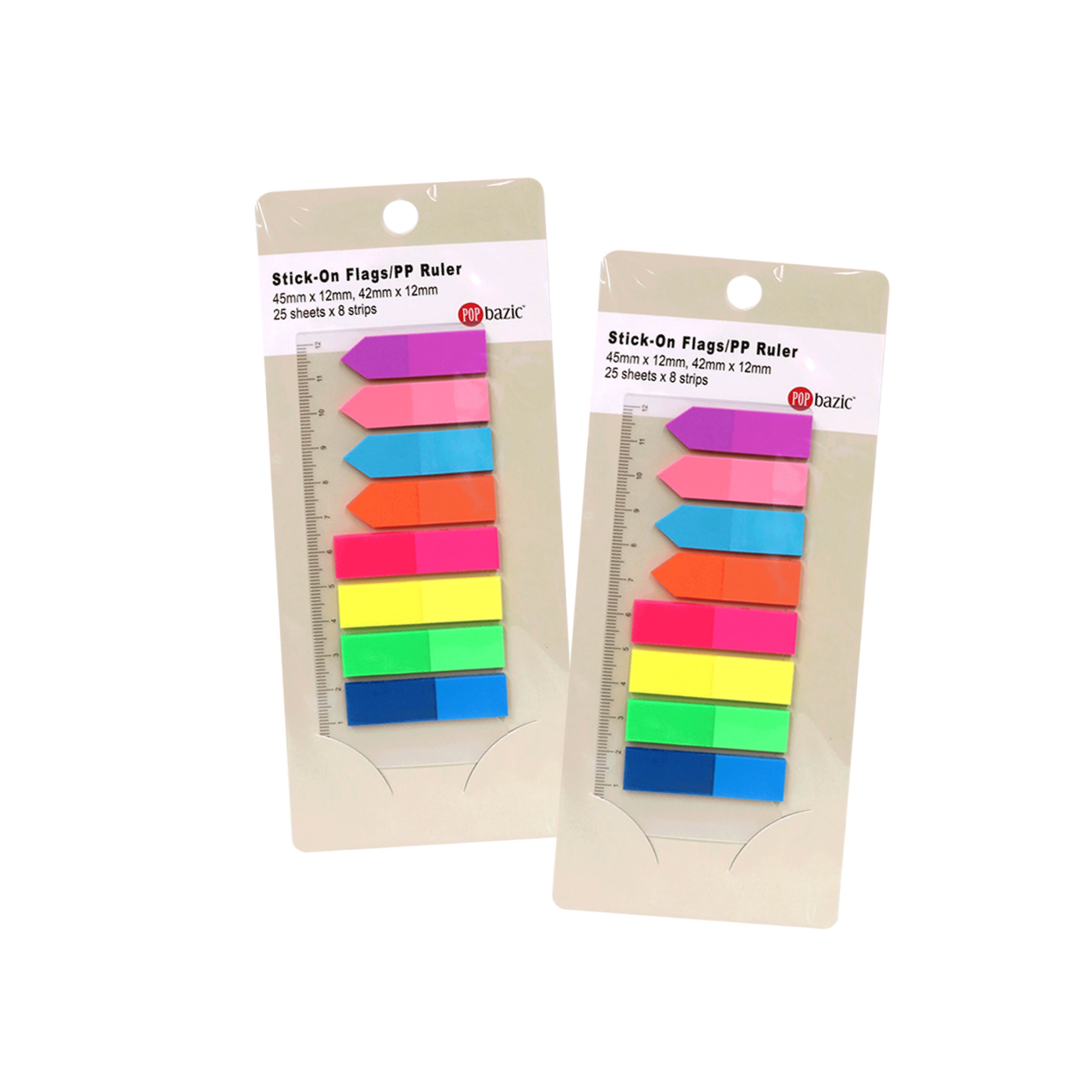 Pop Bazic Stick-On Flags/PP Ruler 45mm x 12mm 25 sheets x 4 colours Pads [Twin Pack]