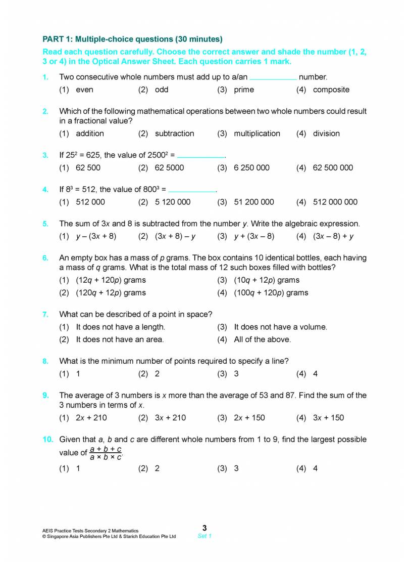 AEIS Practice Tests Mathematics – Secondary 2 (13 To 15+ Years)