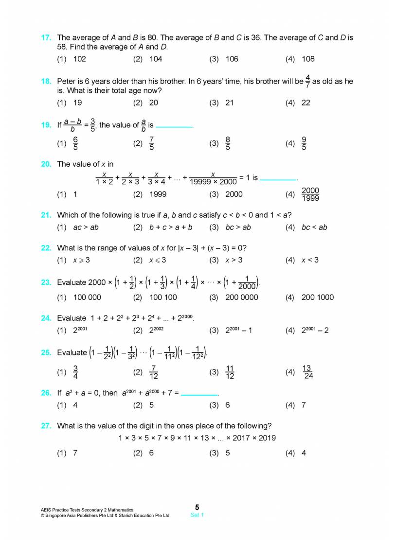 AEIS Practice Tests Mathematics – Secondary 2 (13 To 15+ Years)