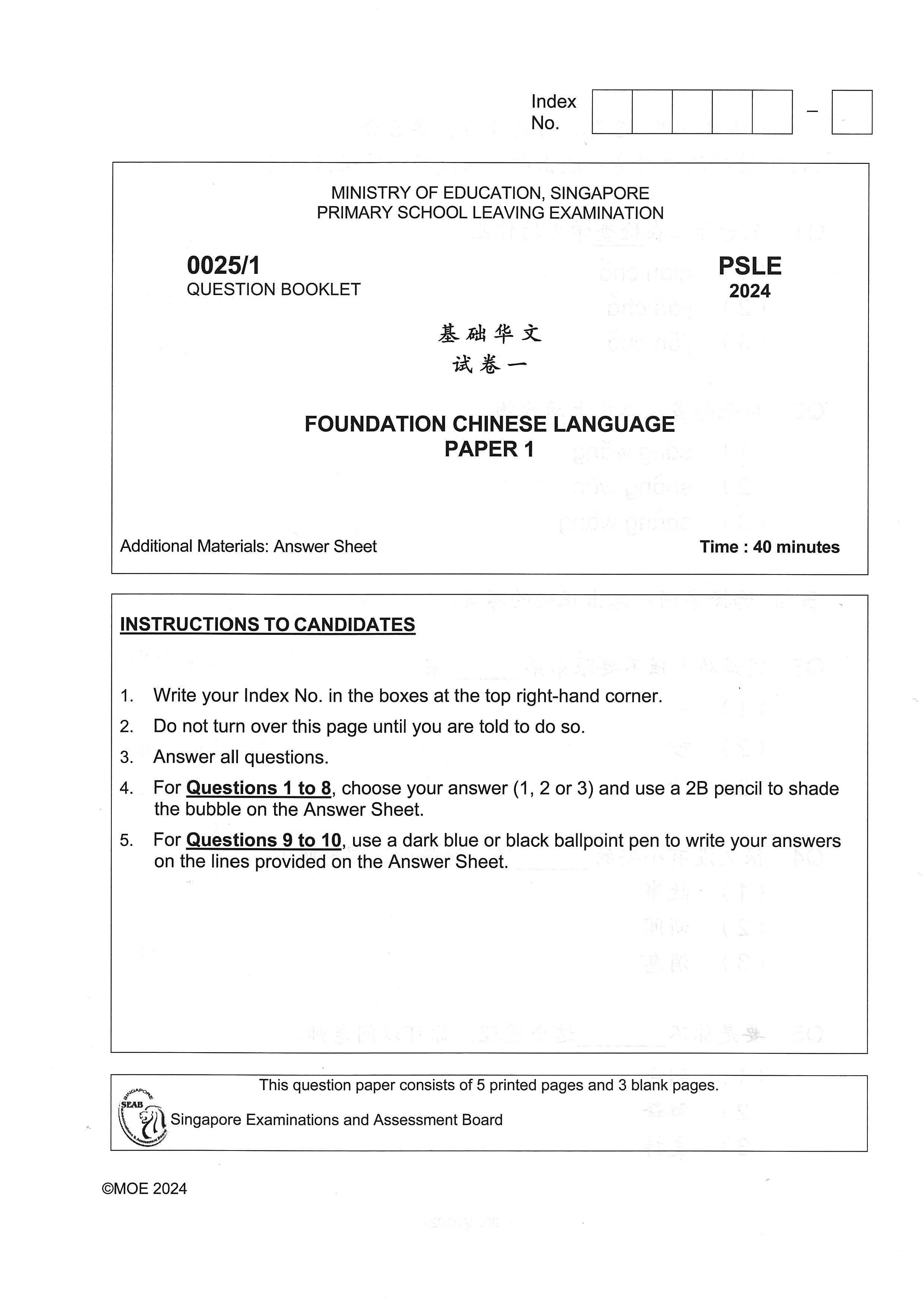 PSLE Foundation Chinese Exam Q&A 22-24 (Yearly)