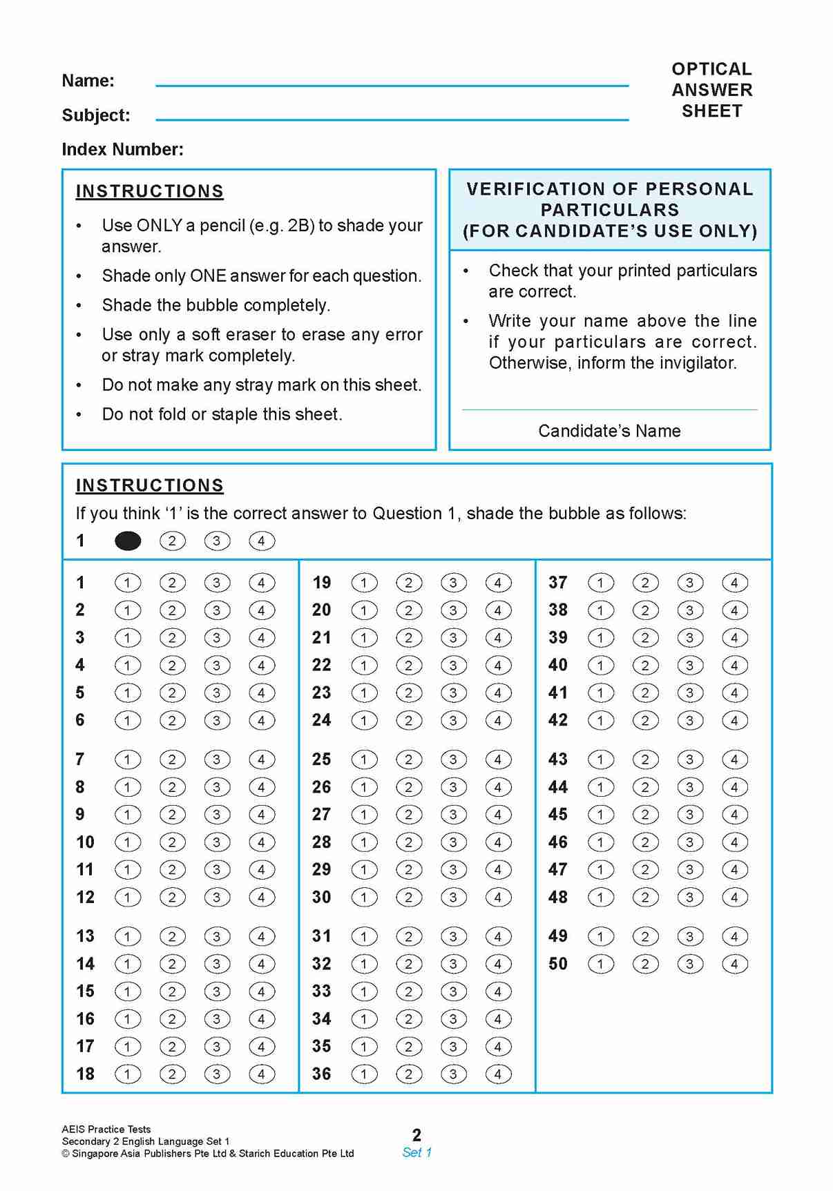 AEIS Practice Tests ENGLISH – Secondary 2 (13 to 15+ Years)