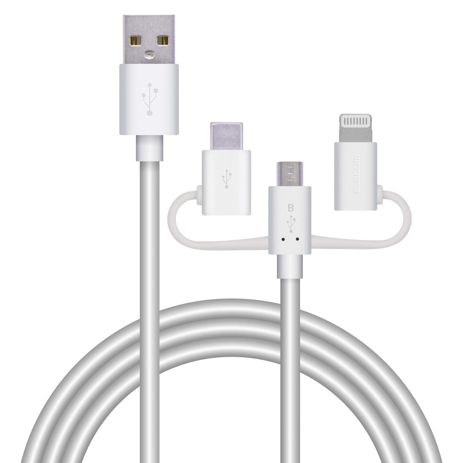 Elecom MPA-AMBLCAD12WH 3-in-1 USB Cable for Smartphones, Micro USB + Type- C + Lightning, Compatible with iPhone 13/12 / SE (2nd Generation), Android, Apple Certified, 4.9 ft (1.2 m), White