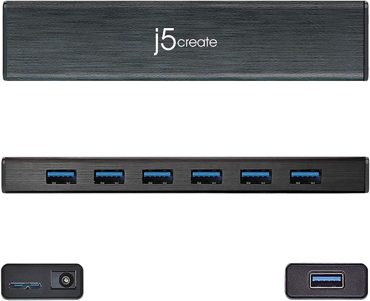 j5Create JUH377 USB 3.0 7-Port Hub with AC Power Adapter, Black