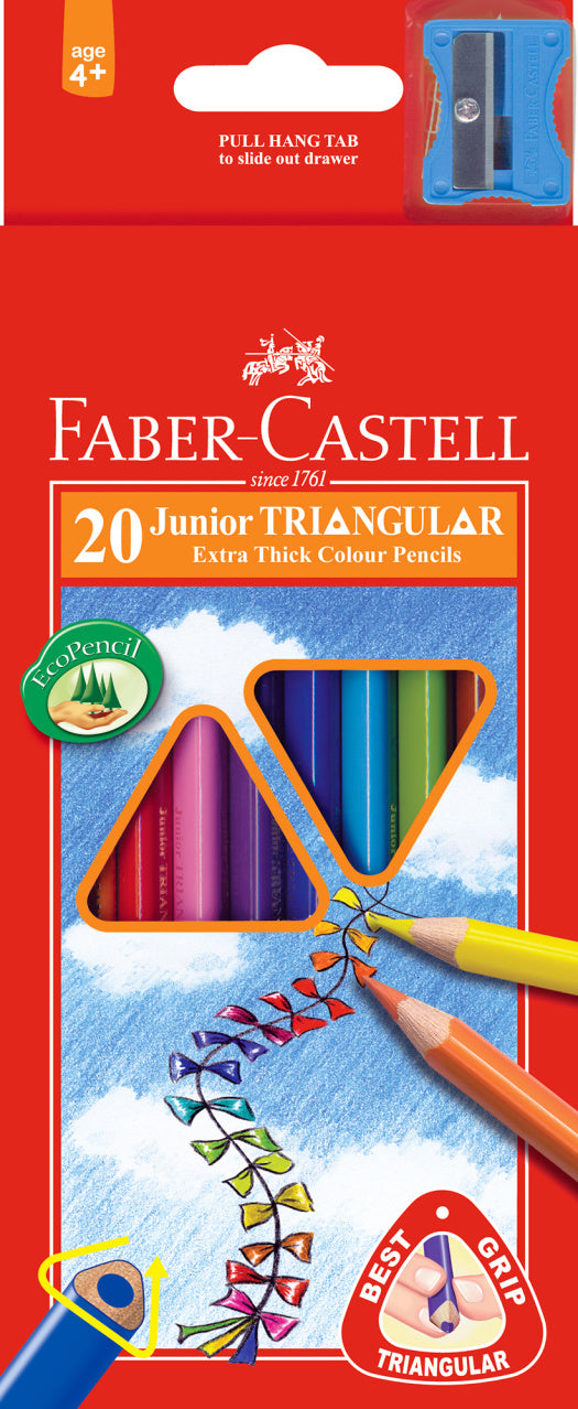 Faber-Castell Junior Triangular Colour Pencils with Sharpener, 0.3mm Lead, 20 Colours Long-116538-20