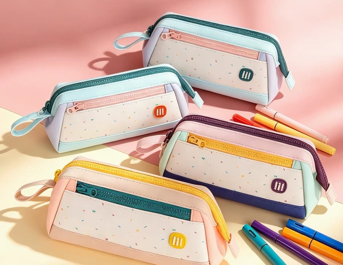 Colour Block Double Zip Pencil Case (Pastel Blue)