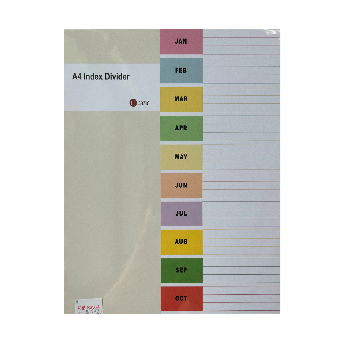 POP BAZIC Colour Index Divider A4 Jan-Dec (12 Sheets)