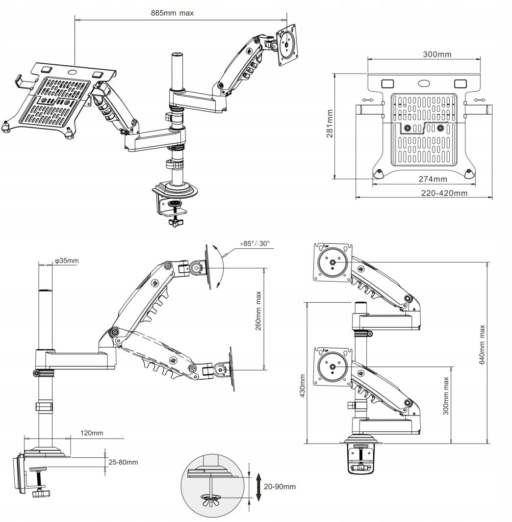 North Bayou H180-FP Monitor Arm - Grey