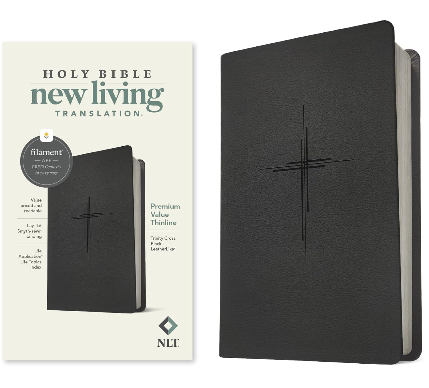 NLT Premium Value Thinline Bible, Filament Enabled (Leatherlike, Trinity Cross Black)