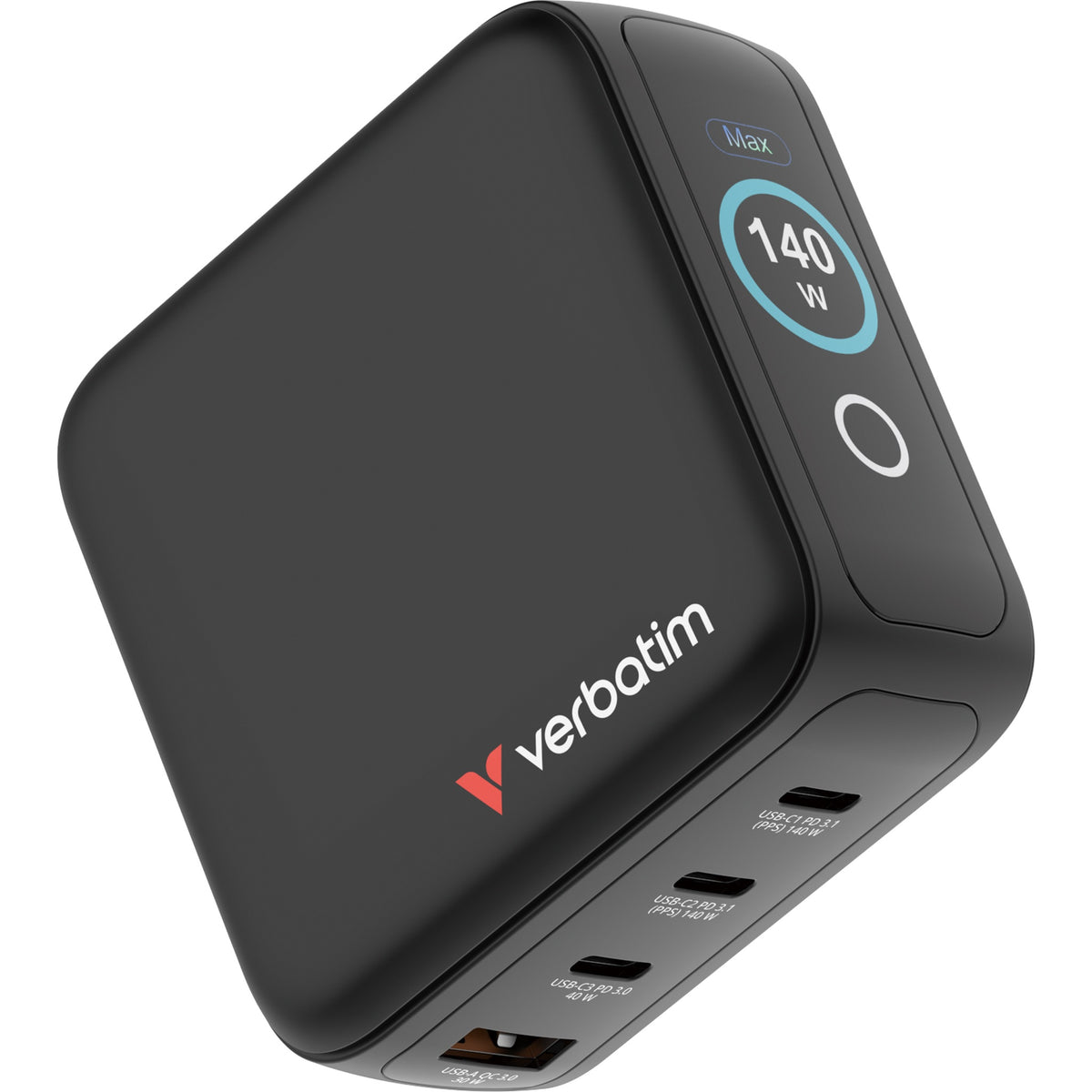 Verbatim 4-Port 140W Mini GaN Charger with Display (US/EU/UK/AU) Black