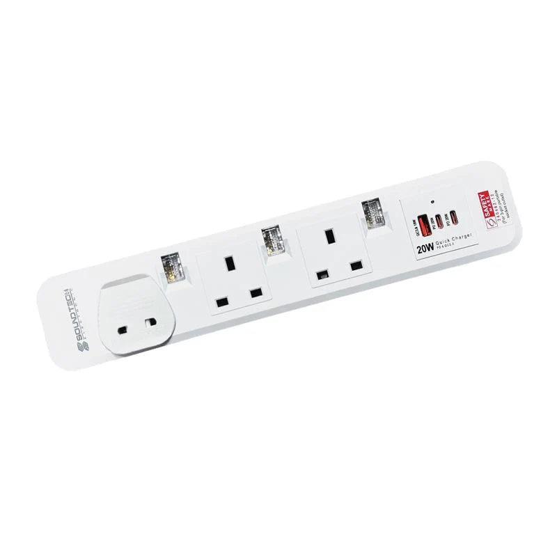 SoundTeoh PS-132U 3Way Extension Socket with (1 x QC3.0 18W USB-A port + 2 x PD20W USB-C ports)