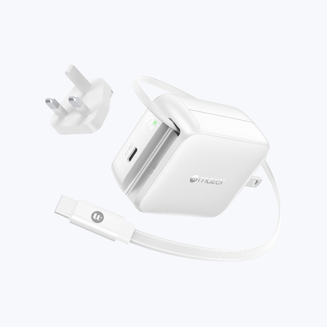 Mazer Prestige GaN R 67W GaN Wall Charger with Retractable USB-C Cable White