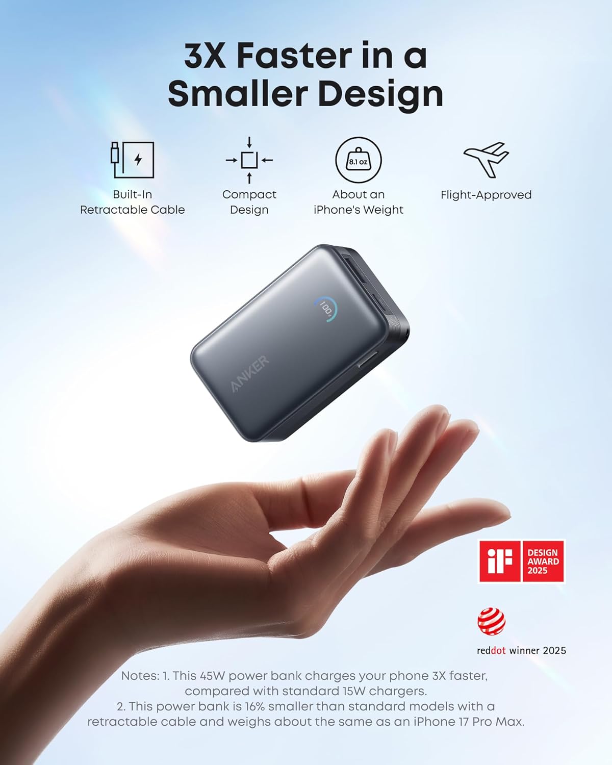 Anker Nano 10K 45W Power Bank with Retractable USB-C Cable - Black