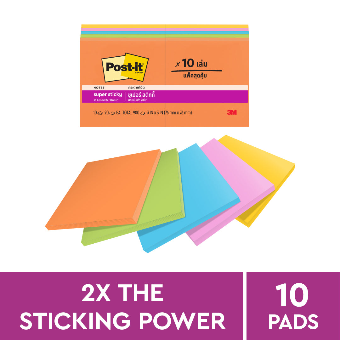 Post-it® 654-10SSAU Energy Boost Super Sticky Notes, 3x3" 10pads
