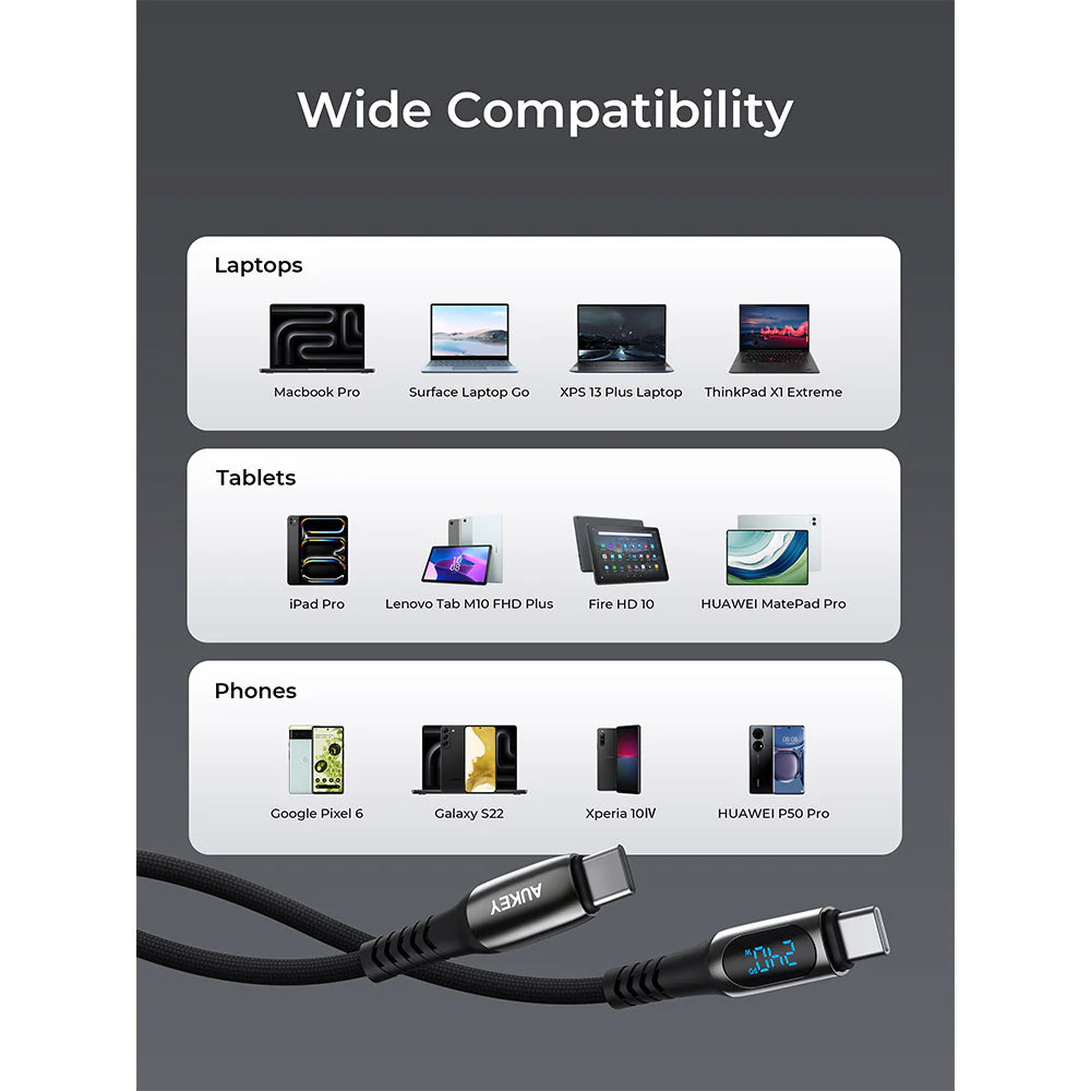 Aukey CB-DCC244 Impulse 240W 2M DTY Braided USB-C to USB-C Cable with LCD Display