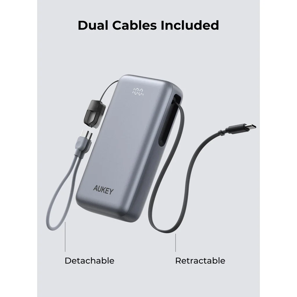 Aukey PB-Y94 Swivel Det 65W 20000mAh Fast Charging Power Bank with Detachable Cable [3C | CCC Certified] Grey