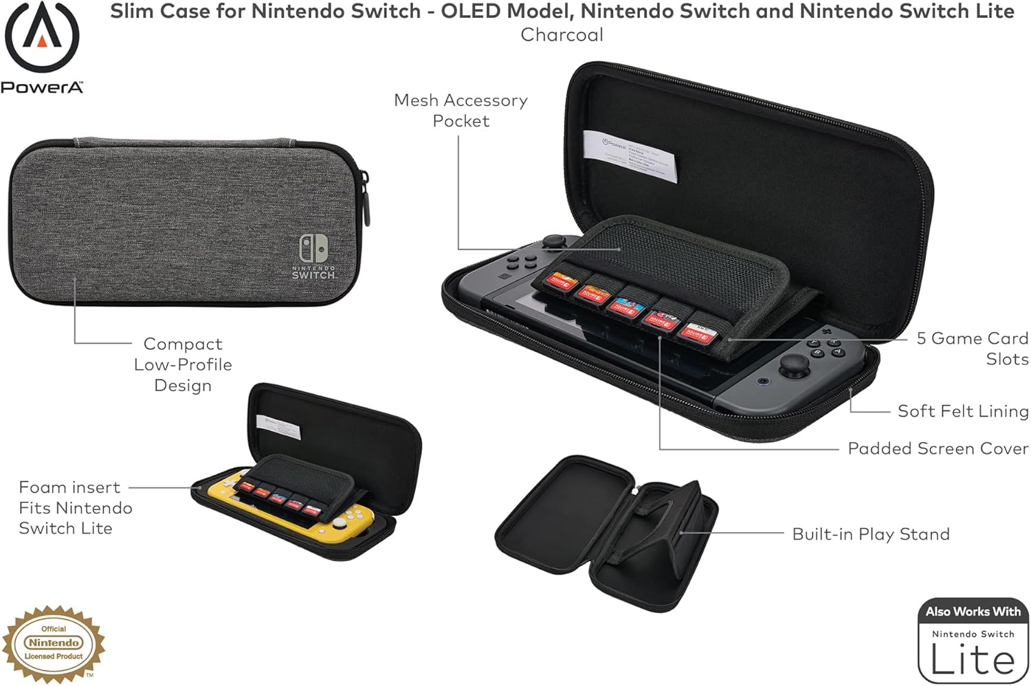 PowerA Slim Case for Nintendo Switch - OLED Model, Nintendo Switch or Nintendo Switch Lite - Charcoal (Officially Licensed)