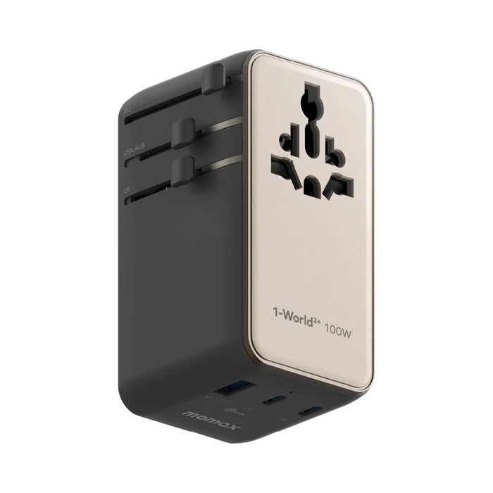 Momax UA25 1-World2+ 100W 4-Port Dual AC Travel Adapter w/ Built-in Retractable Cable - Titanium