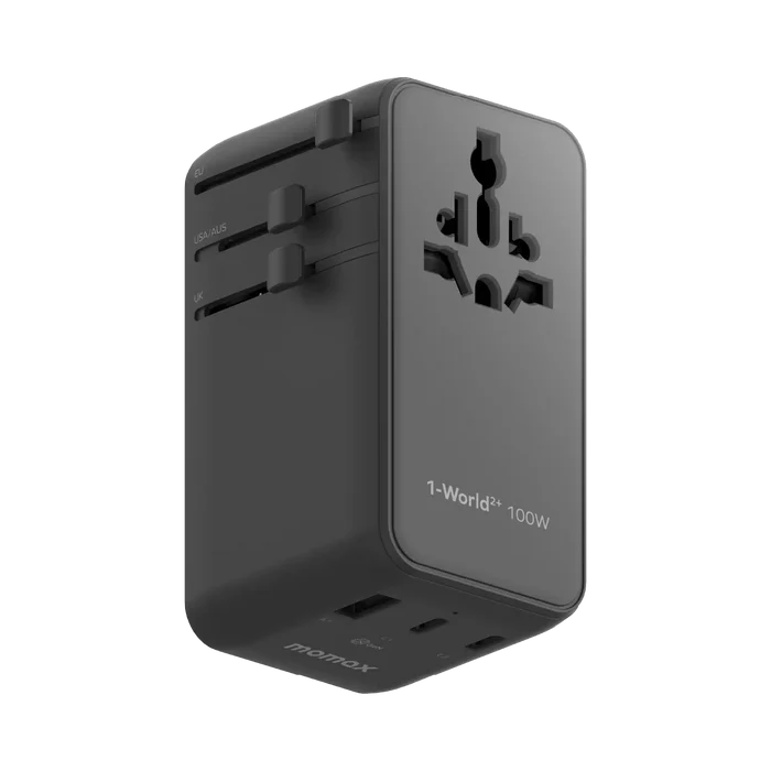 Momax UA25 1-World2+ 100W 4-Port Dual AC Travel Adapter w/Built-in Retractable Cable - Black