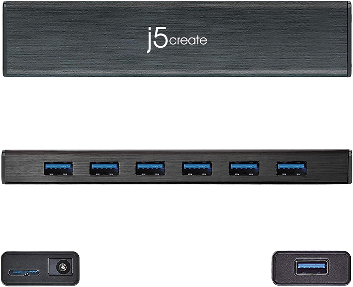 j5Create JUH377 USB 3.0 7-Port Hub with AC Power Adapter, Black