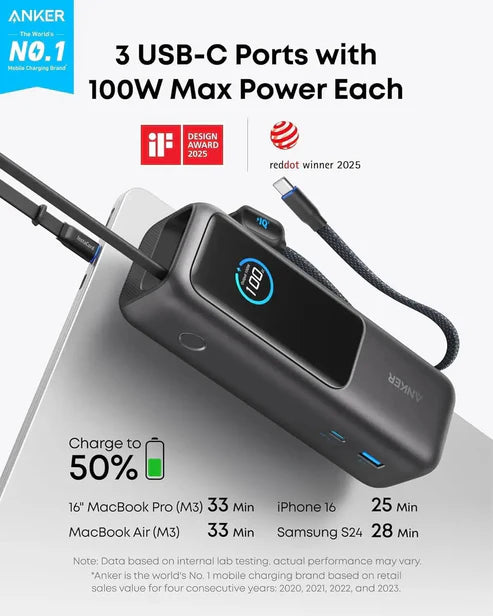 Anker Power Bank 25000mAh 165W Ultra-Fast Portable Charger with Built-In and Retractable USB C Cables (Silver)