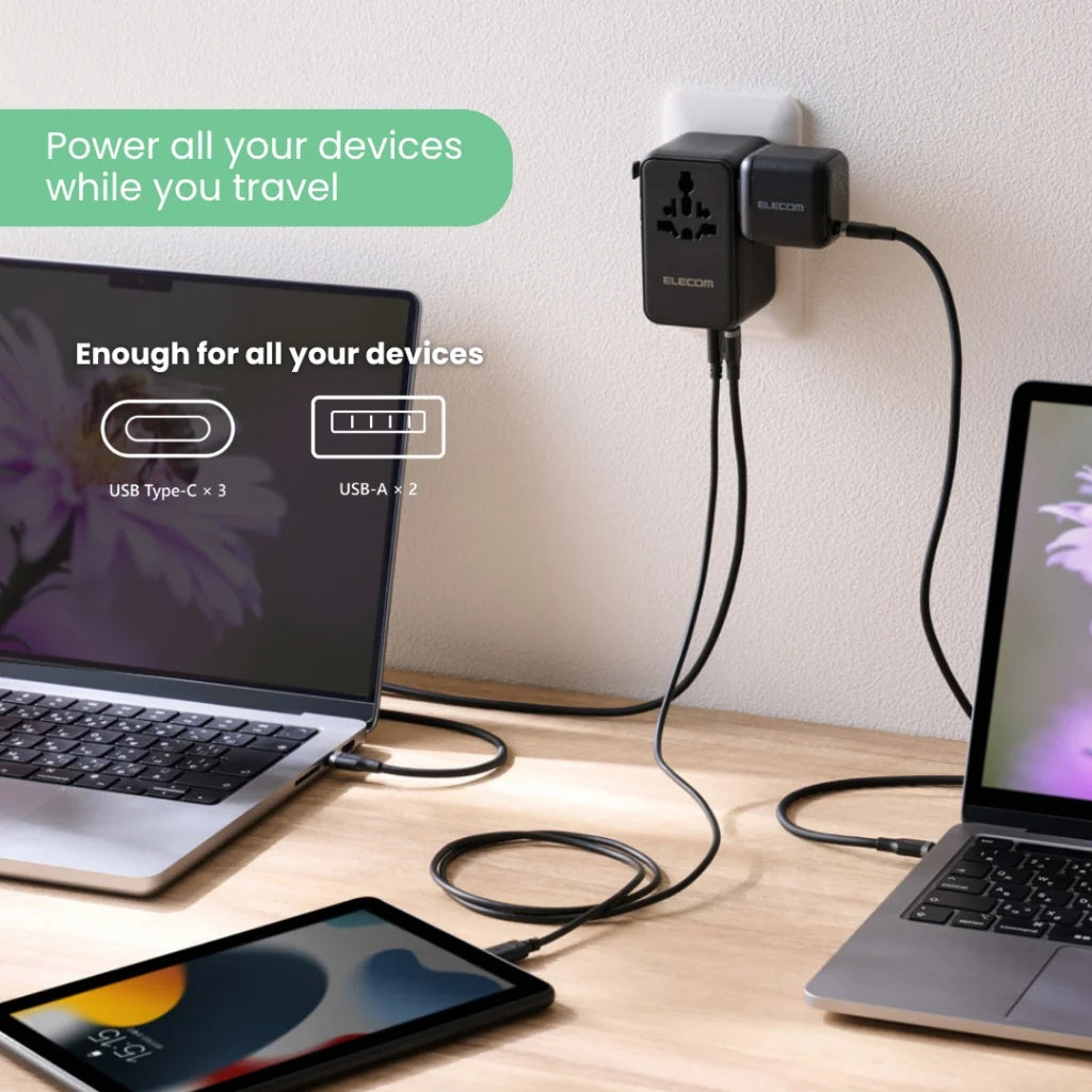 ELECOM Universal Travel Adapter, GaN II 100W International Plug Type C Type A Charging Port Storage Bag Included