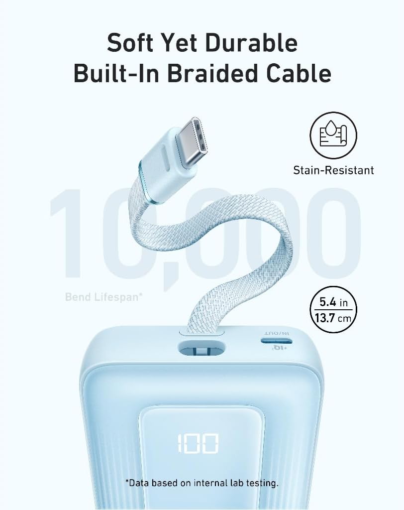 Anker Zolo 10,000mAh 30W Power Bank, Fast Charging Portable Charger, Battery Pack with Built-in USB C Cable for Travel, Compatible with iPhone, iPad, Galaxy, Google and More (White)