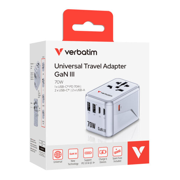 Verbatim GaN III 5-Port 70W Universal Travel Adapter (UTA-09) -Blue
