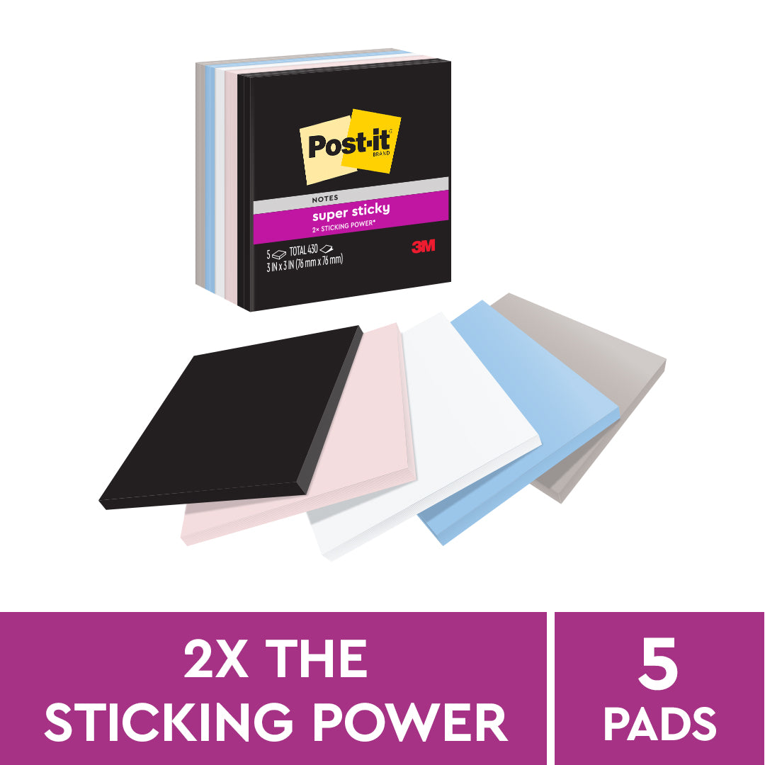 Post-it® 654-5ssne Simply Serene Collection Super Sticky Notes 3x3", 5pads, 86sheets