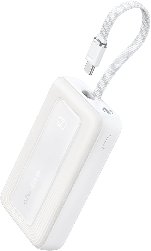 Anker Zolo 10,000mAh 30W Power Bank, Fast Charging Portable Charger, Battery Pack with Built-in USB C Cable for Travel, Compatible with iPhone, iPad, Galaxy, Google and More (White)