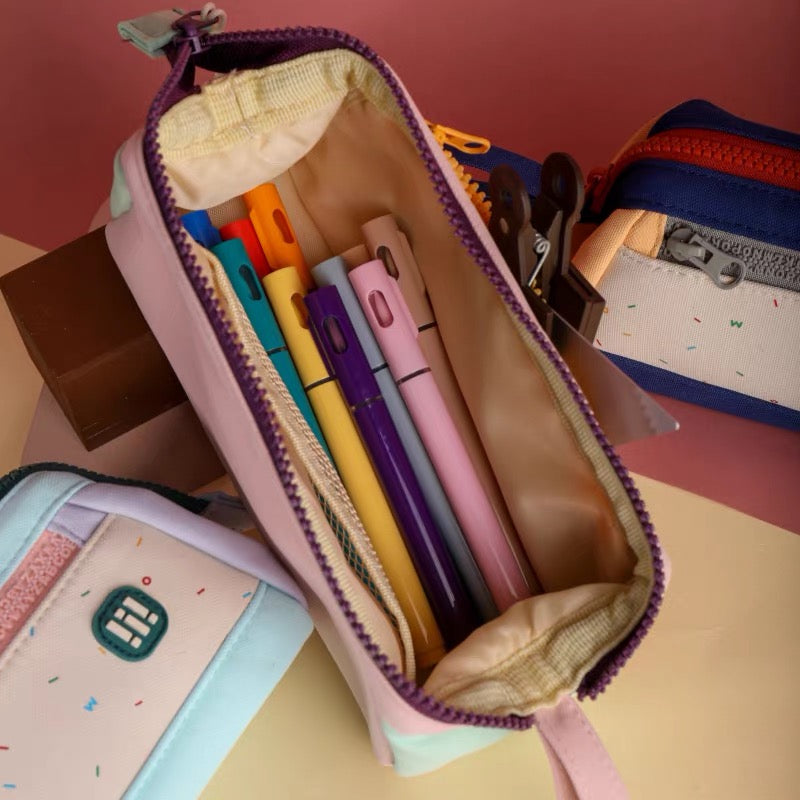 Colour Block Double Zip Pencil Case (Peach Pink)
