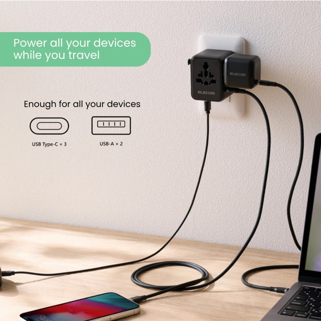 ELECOM Universal Travel Adapter, GaN II 70W International Plug Type C Type A Charging Ports Storage Bag Included