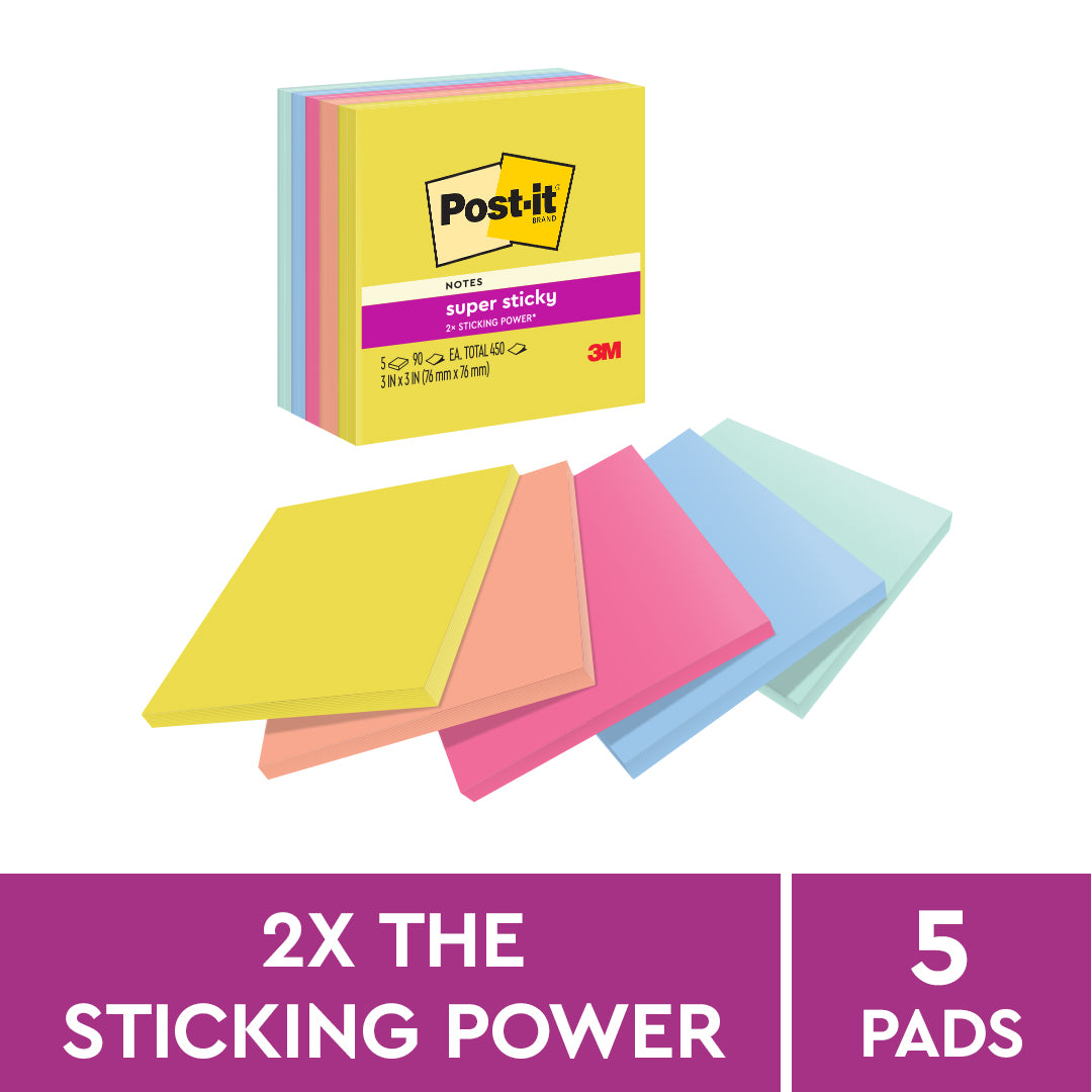 Post-it® 654-5ssjoy Summer Joy Collection Super Sticky Notes 3x3", 5pads, 90sheets