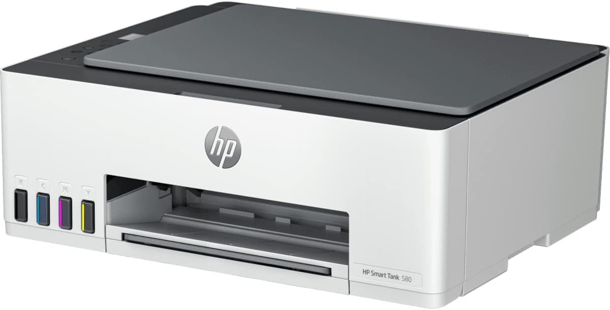 HP Smart Tank 580 - A4 All-in-One Wireless Smart Tank Color Printer. Wi-Fi and Bluetooth, Print, Scan and Copy, black and white color