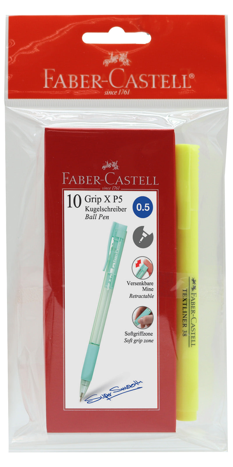 Faber-Castell Grip X P5 Ball Pen (545015(Green)) + Textliner 38 Yellow-545032