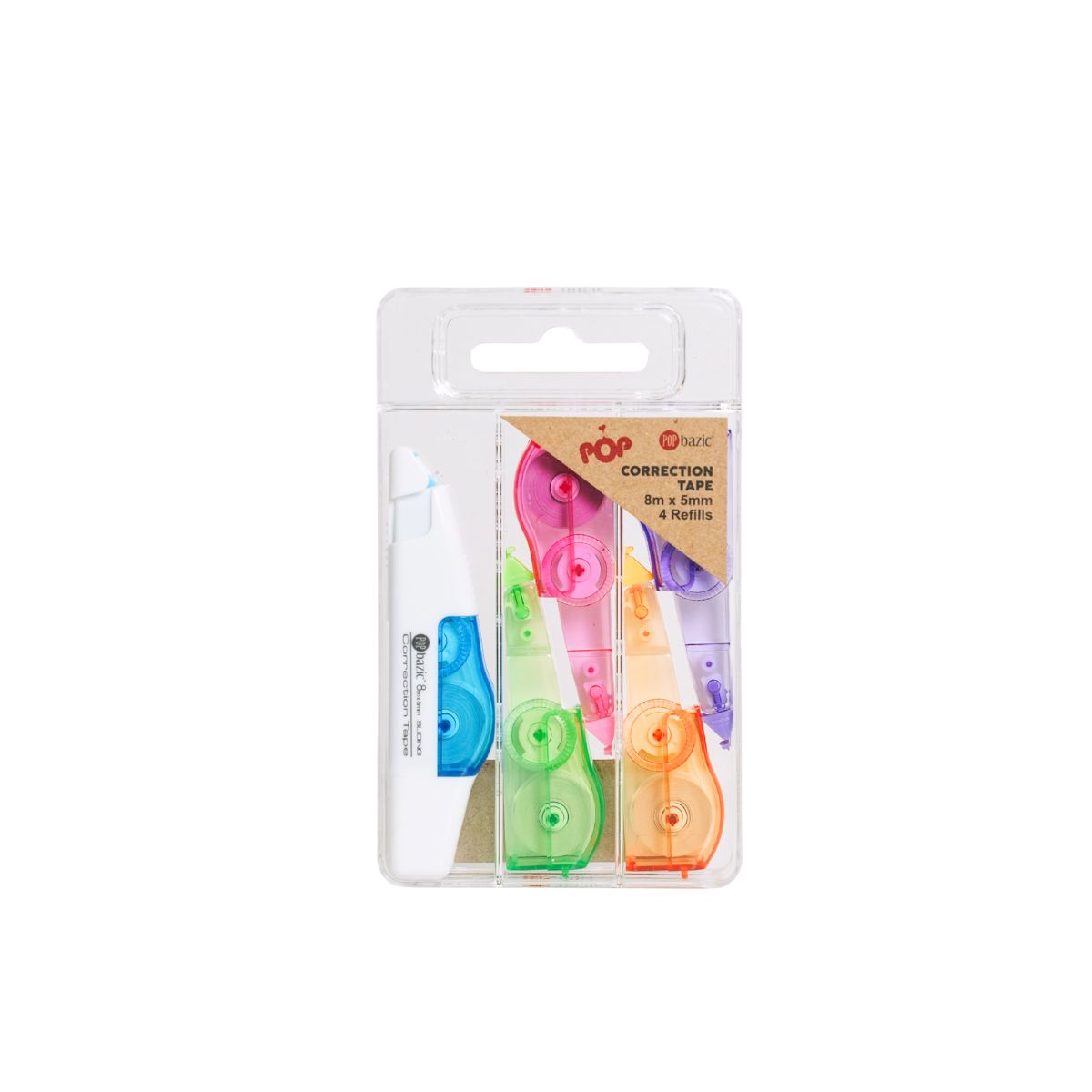 Pop Bazic Refillable Correction Tape Set (1 Applicator + 4 Refills, 5mm x 8m)
