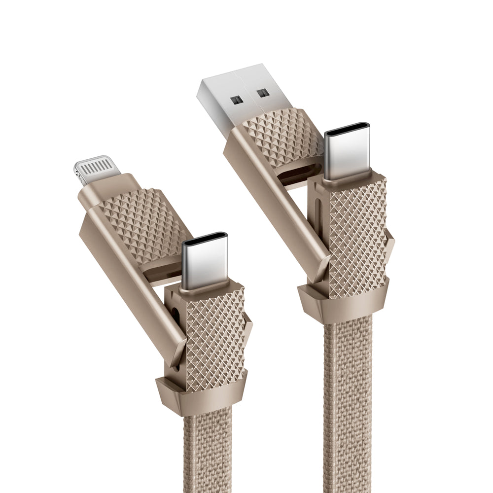 Bazic GoCharge AluCable 4-in-1 Fast Charging Cable (USB-C/A to USB-C/Lightning), 60W PD, 15cm - Gold