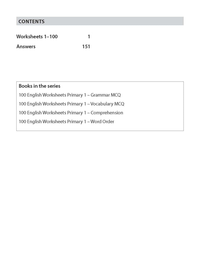 Primary 1 100 English Worksheets: Grammar MCQ