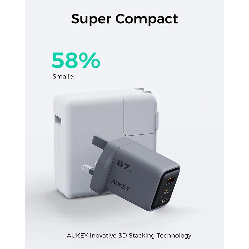 Aukey PA-C3 Comet Mix 3 67W Fast Charging Wall Charger with GaN Technology - Gray
