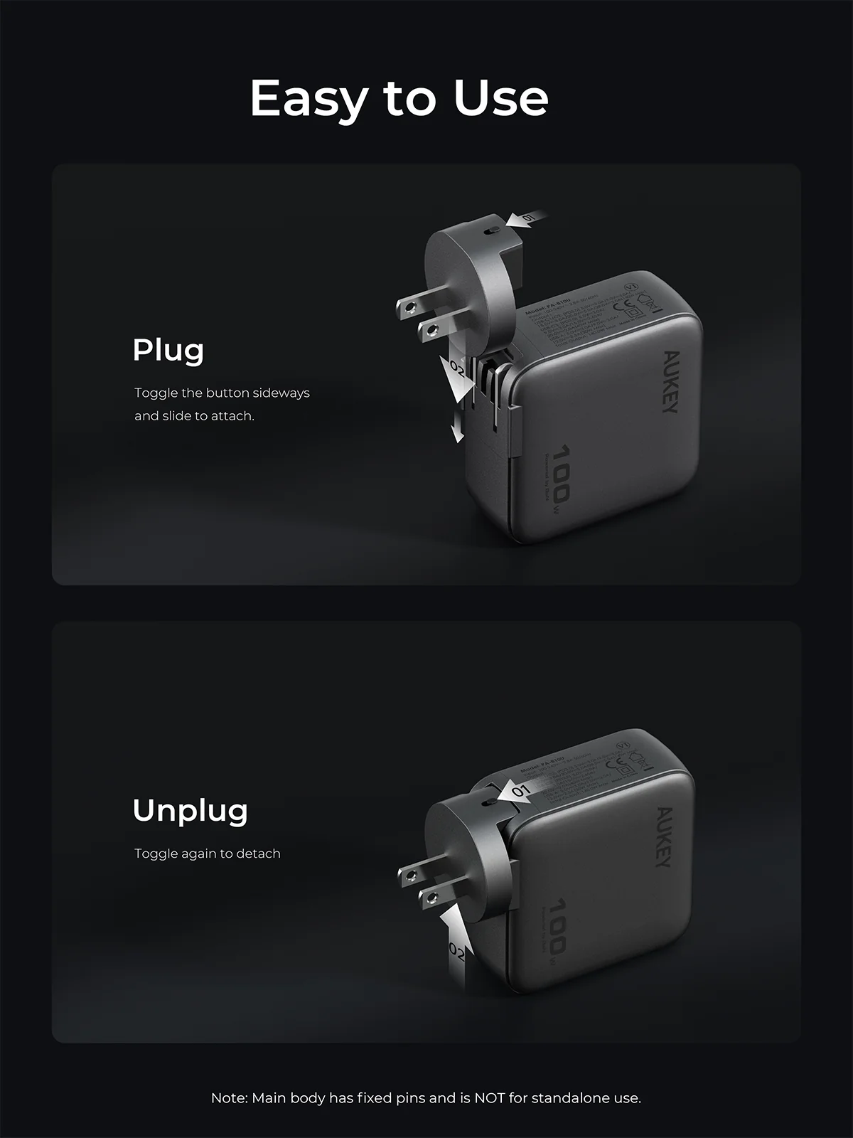 Aukey PA-B9 Nova Pin 100W GaN Wall Charger - Grey