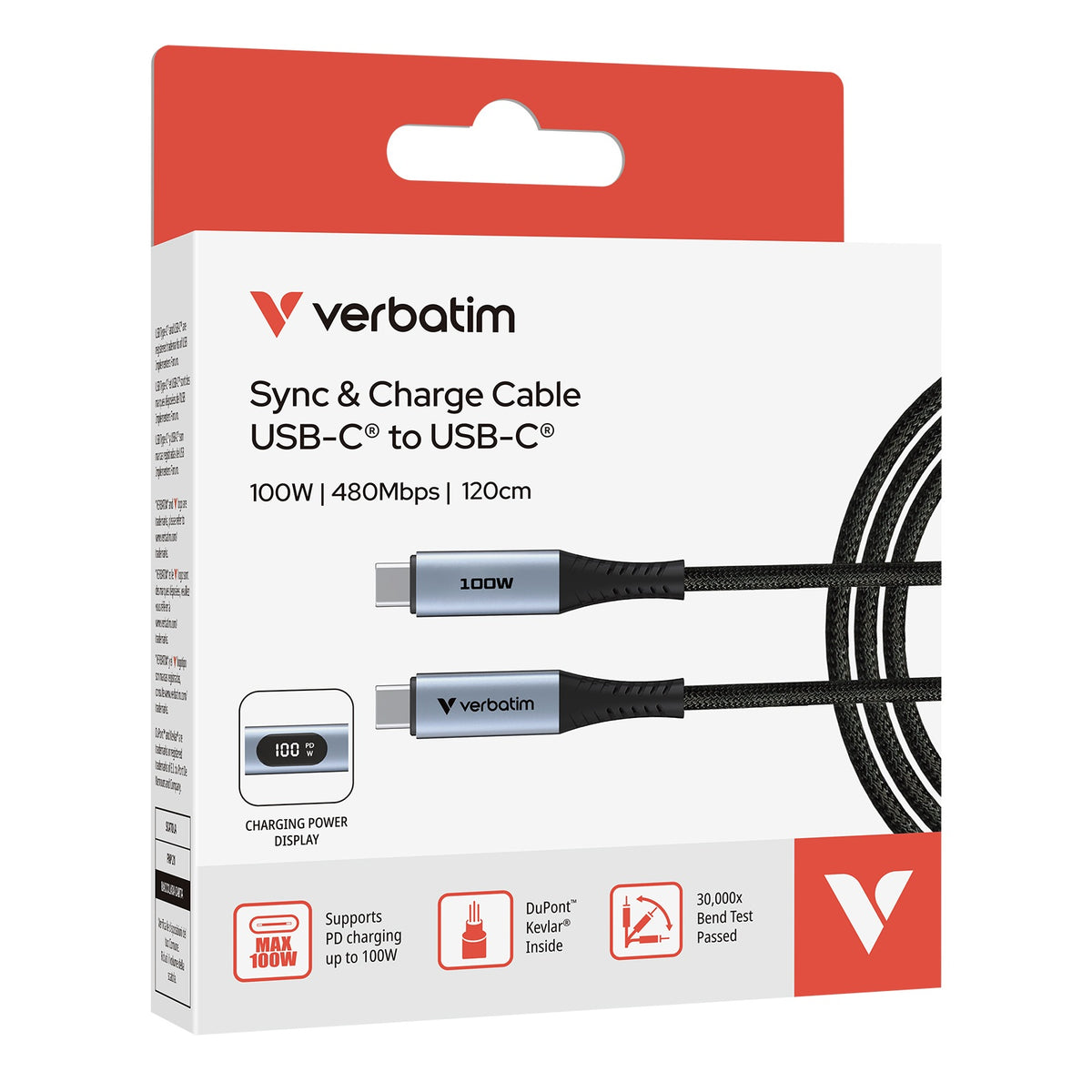 Verbatim Sync & Charge Cable 100W USB-C to USB-C with LED Display (SCC2-CCD100) Black