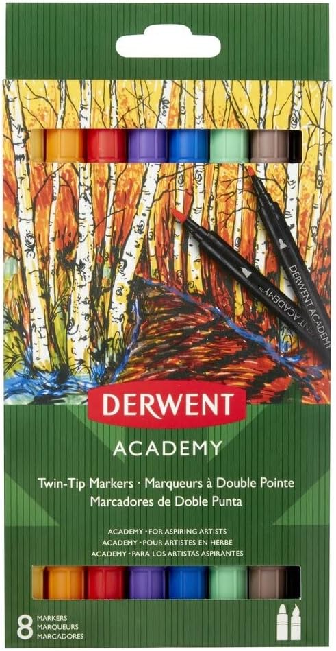 Derwent Academy Twin Tip Markers, Set Of 8, Fine & Brush, 98206